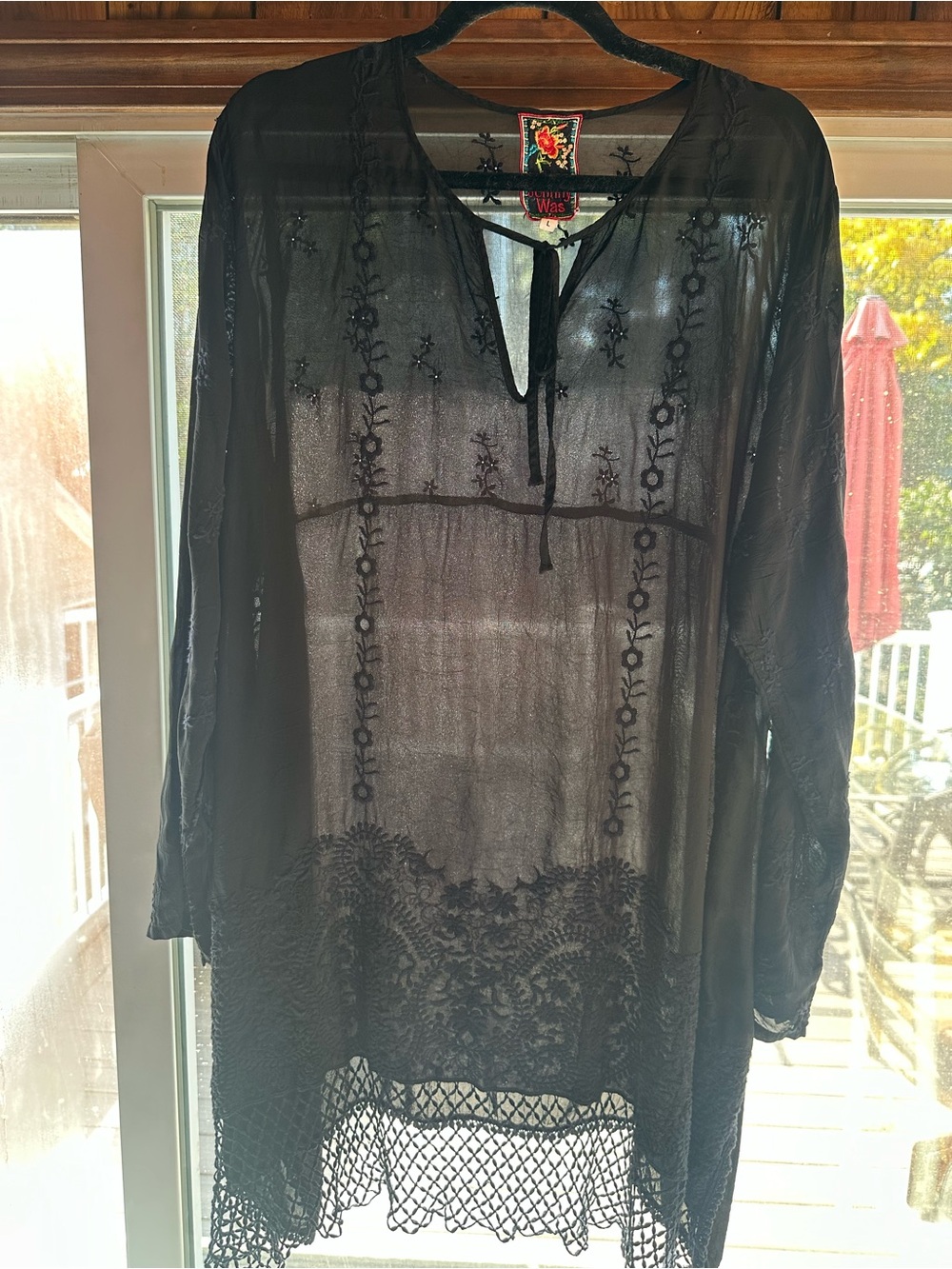 Johnny Was Black Sheer Floral Embroidered Lace Tunic Size L Boho Romantic